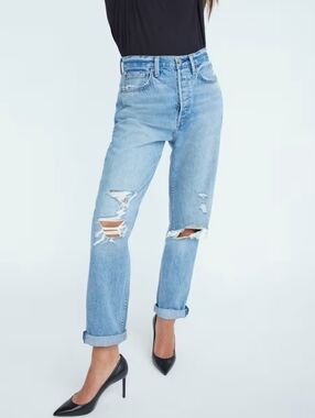 Denim Forum The BF High Rise Loose Jeans Size 28 Light Wash Distressed Straight